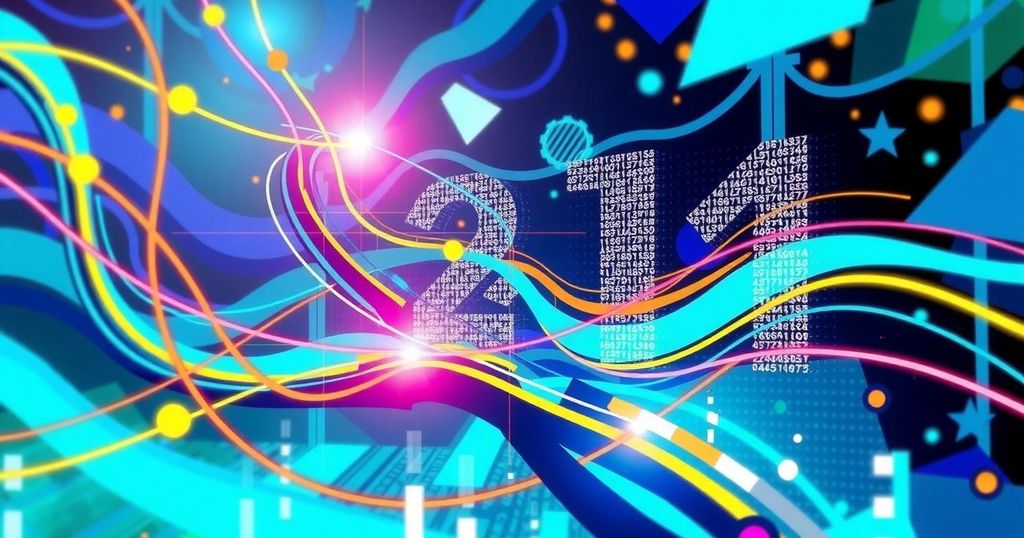 Centennial celebration of Nokia Bell Labs showcasing innovation and technology in an abstract style, bright colors, high-tech themes.