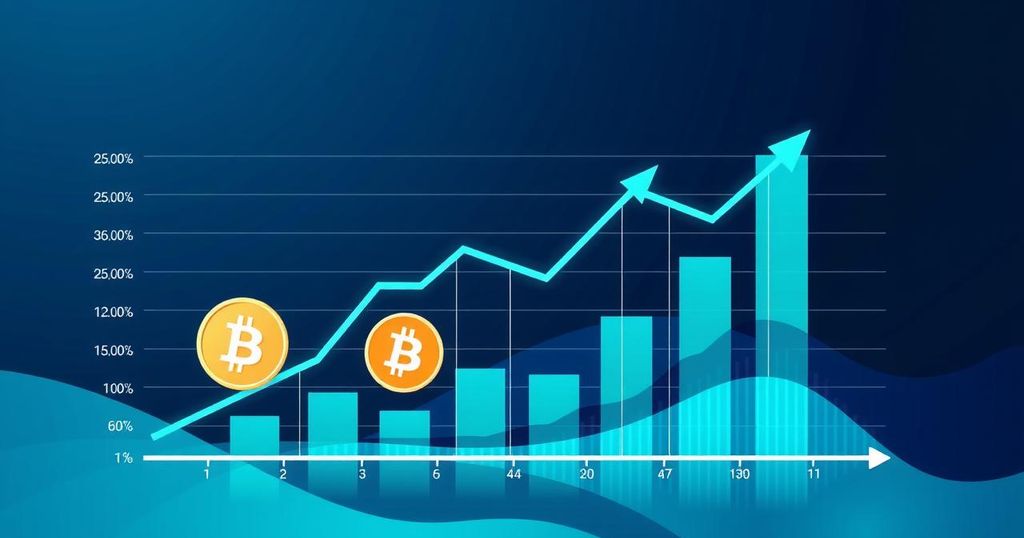 A chart depicting cryptocurrency funding trends with blockchain symbols and arrows, in modern vector style, blue and green colors.