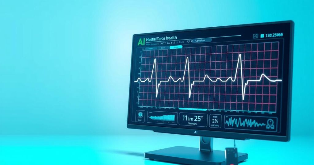 A conceptual depiction of AI analyzing ECG data to predict health outcomes, with a focus on technology's integration in healthcare.