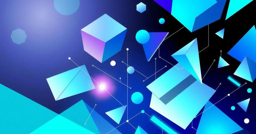 A vibrant abstract illustration symbolizing AI investment and data labeling, featuring dynamic geometric shapes and tech colors.