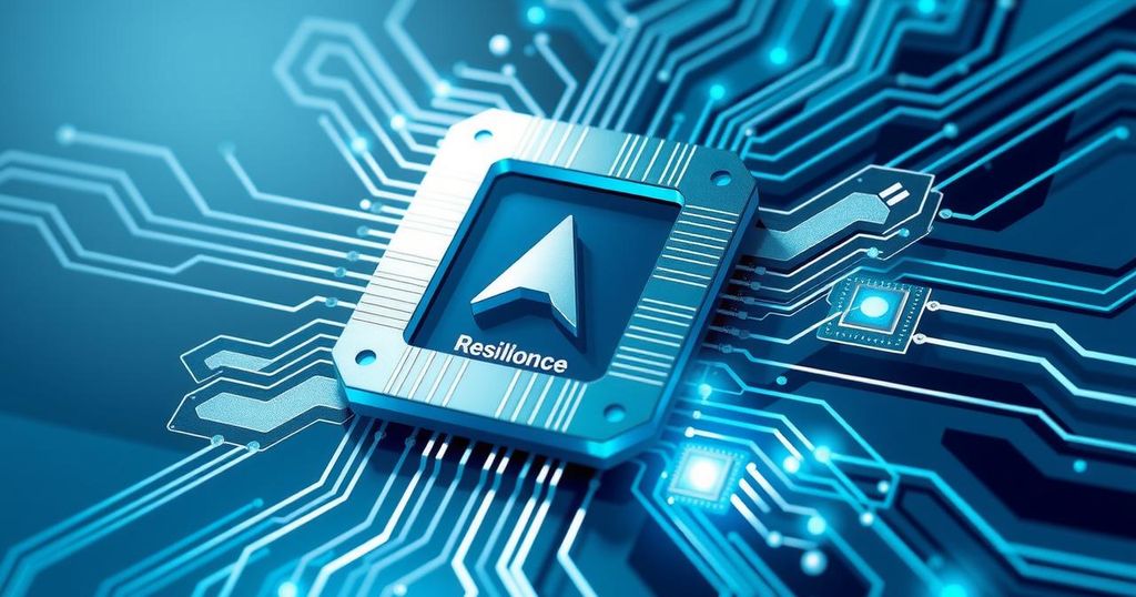 Abstract depiction of chip processors and AI technology symbolizing resilience and innovation.