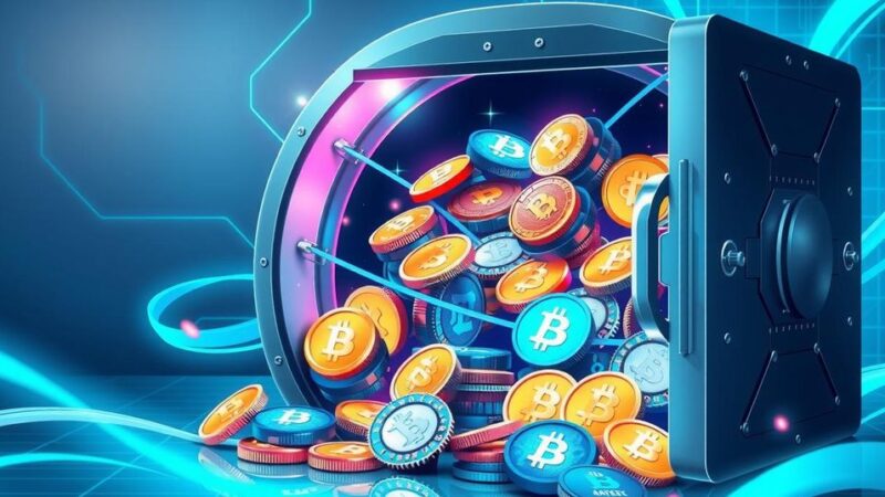 A conceptual illustration of cryptocurrencies as digital assets in a vault, with shimmering coins and a futuristic feel.