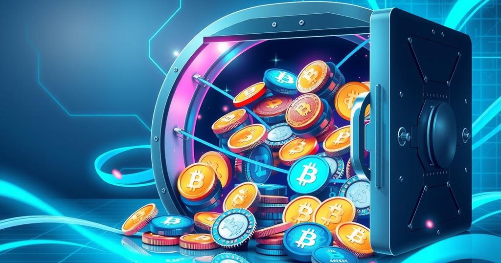 A conceptual illustration of cryptocurrencies as digital assets in a vault, with shimmering coins and a futuristic feel.