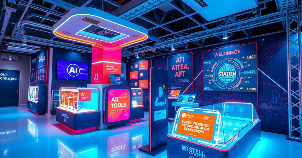 A vibrant tech conference scene showcasing AI tools and resources for Indian developers with colorful displays and engaging setups.