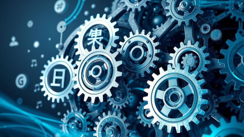 A conceptual illustration of artificial intelligence, featuring abstract gears and language symbols in a technological setting.