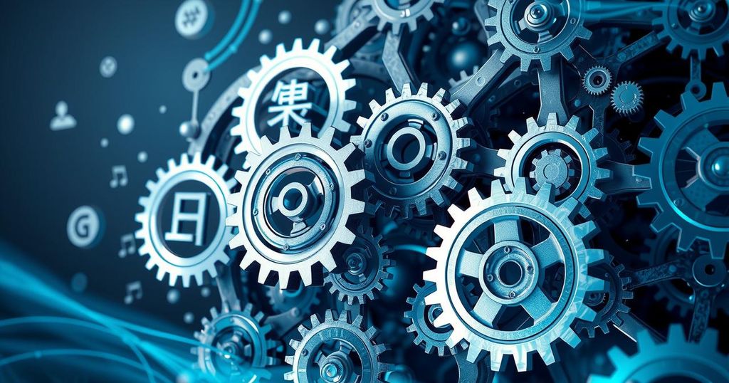 A conceptual illustration of artificial intelligence, featuring abstract gears and language symbols in a technological setting.