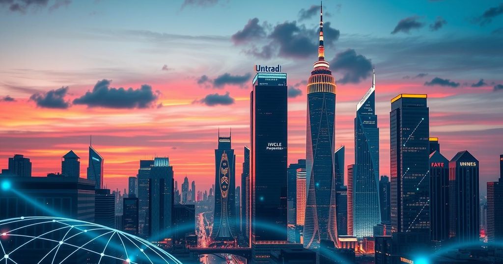 A futuristic city skyline with AI technology illustrations and partnerships, emphasizing global AI competition.
