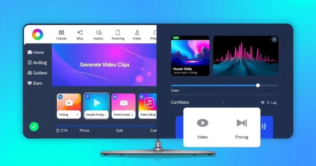 A digital design platform interface showcasing video generation tools with vibrant colors and sleek graphics.