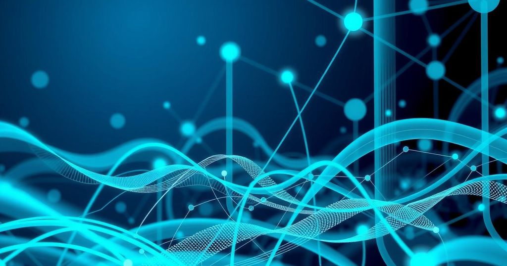 A digital landscape depicting cybersecurity with abstract AI elements and connecting network lines, in a blue-green color scheme.