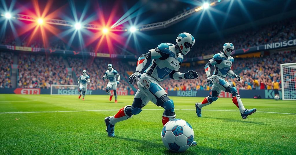 AI-powered humanoid robots competing in soccer match on a grass field under bright stadium lights.