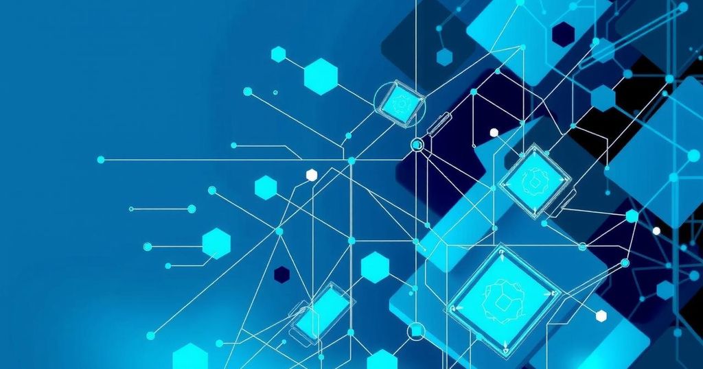 A stylized representation of artificial intelligence and technology, featuring a digital abstract design in blue and gray.