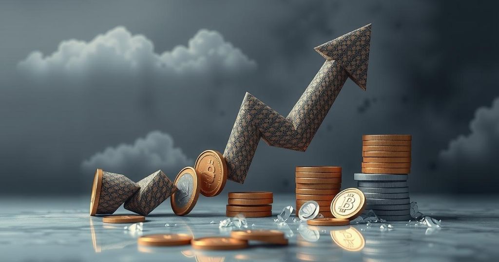 A down arrow made of coins in a distressed market scene with gray clouds and abstract AI graphics in the background.