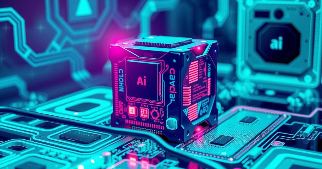 A futuristic AI model visual, highlighting technology with GPU and code elements in a vibrant blue and green scheme.