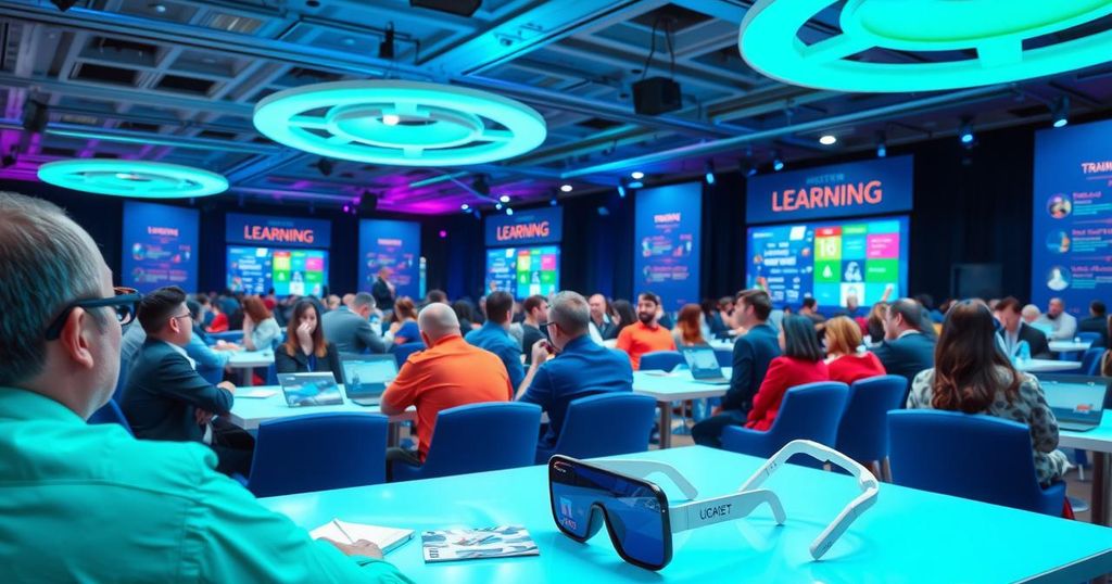 A vibrant tech conference showcasing AI and industrial training innovations.