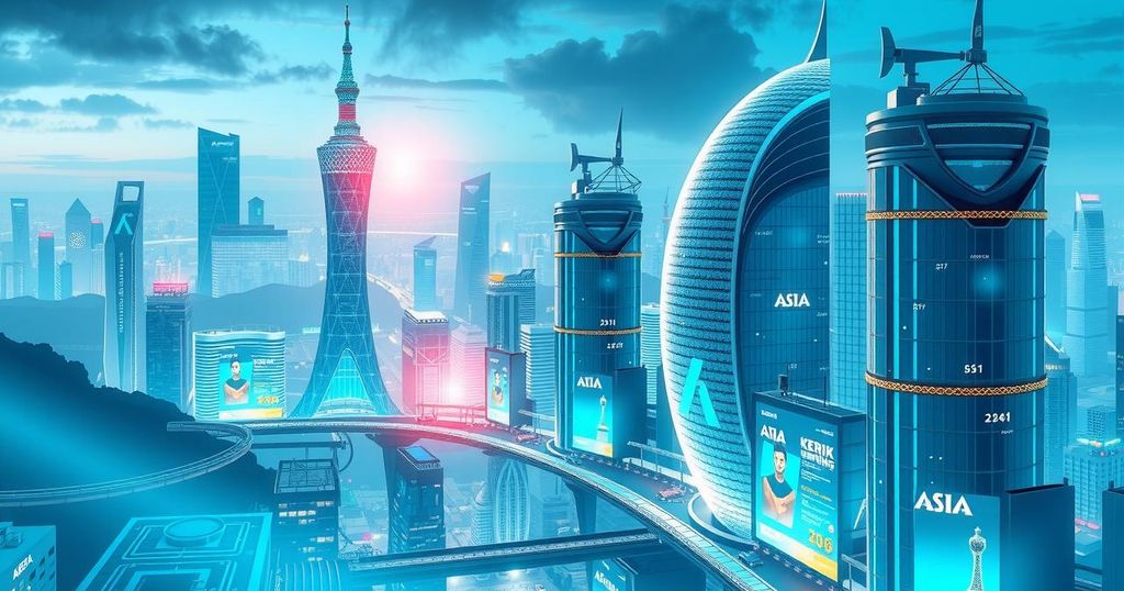 Vibrant cityscape showcasing tech innovation with AI elements and startup growth in Asia.