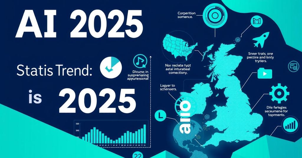 Infographic illustrating UK AI statistics and trends for 2025, showcasing growth, adoption, and key concerns in technology.