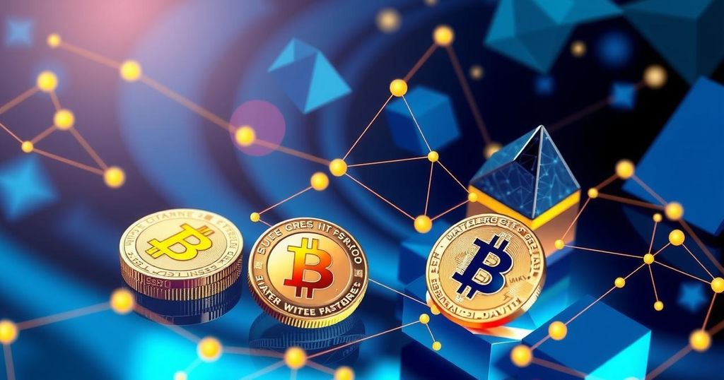 Digital assets and cryptocurrencies depicted with vibrant colors and abstract shapes, showcasing modern finance concepts.