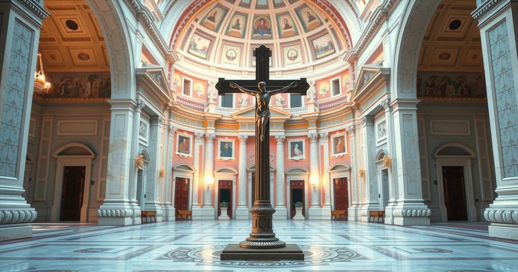 Vatican discussing ethical AI framework with cross backdrop and serene colors.