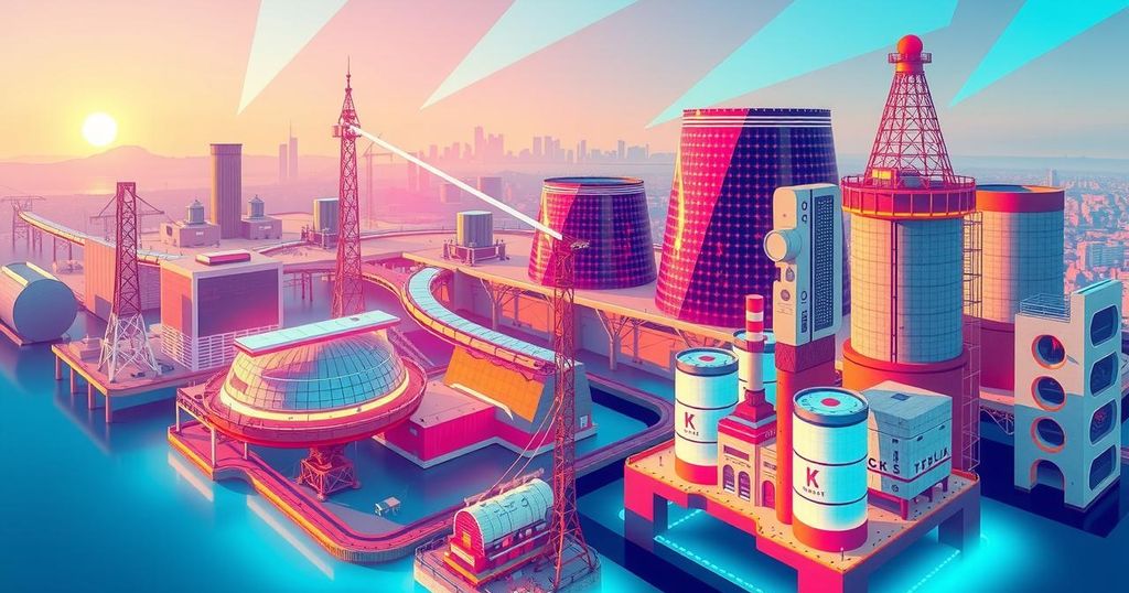 Abstract representation of AI and energy infrastructure with vibrant colors and geometric shapes in modern art style.