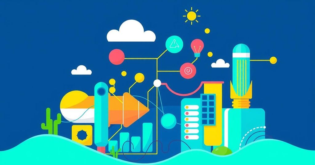 Connectivity and collaboration in a vibrant startup ecosystem illustrated with modern art style and a bright color palette.