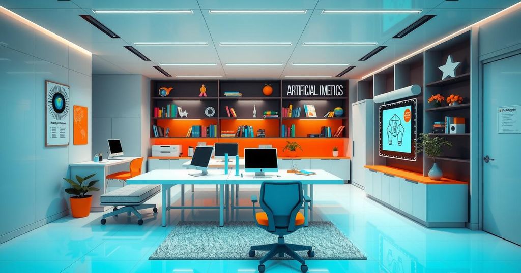 A futuristic workspace with AI technology and educational tools symbolizing Duolingo's AI-first approach.