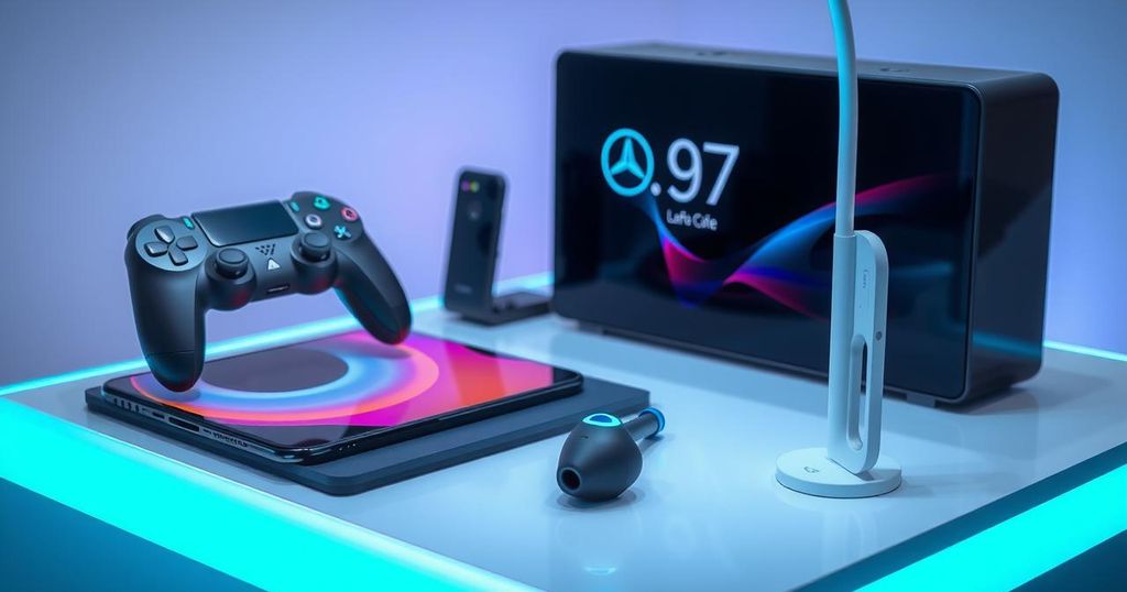 A tech showcase featuring gaming consoles, AI phones, earbuds, and innovative devices on a sleek display.