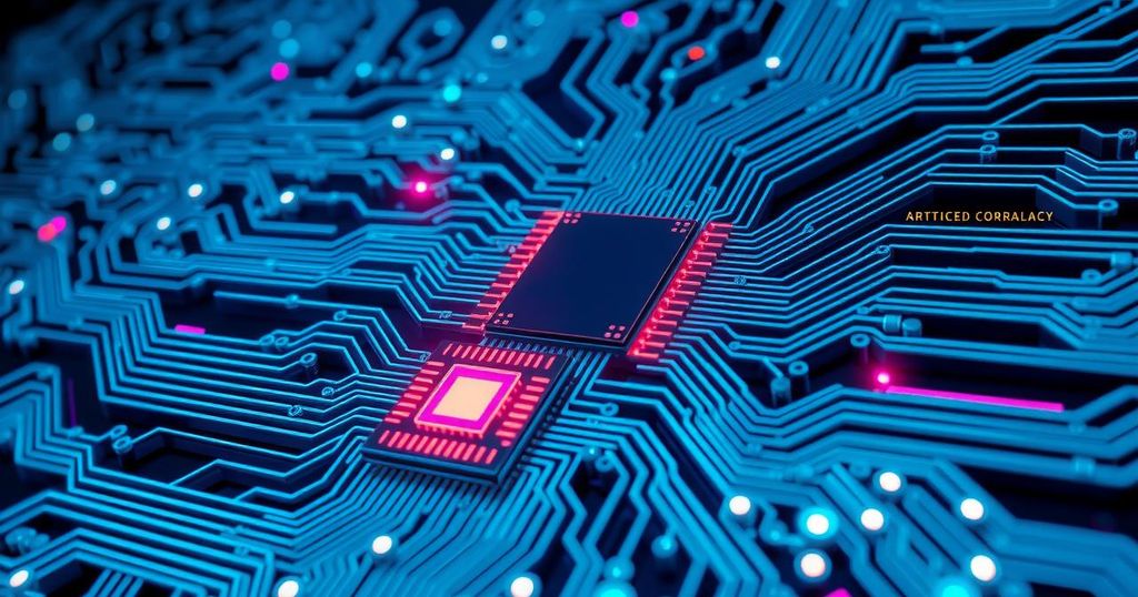 A digital representation of advanced AI technology with a circuit pattern and high-tech semiconductors in blue tones.