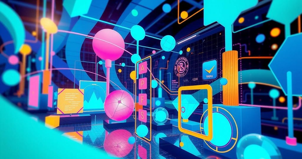 An abstract representation of a tech showcase with bright colors and dynamic shapes, symbolizing innovation and competition.