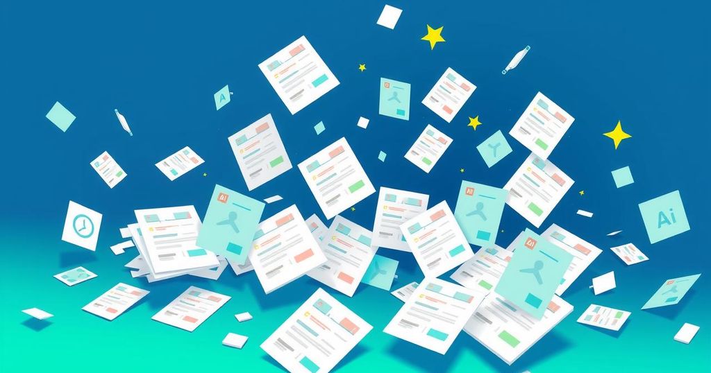 A digital representation of a job application flood, with scattered resumes and AI symbols in a vibrant color scheme.