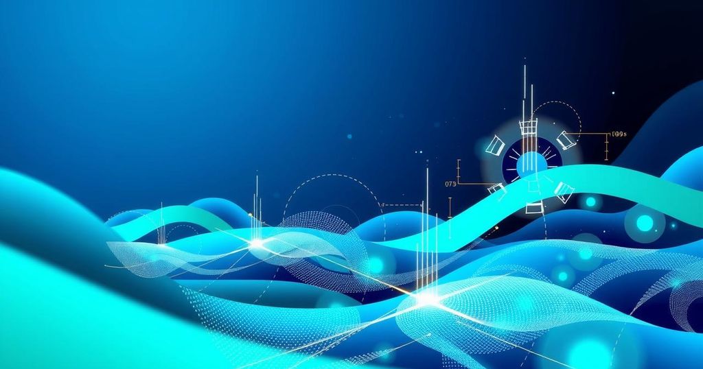 Abstract tech landscape with digital elements in blue and green hues, symbolizing innovation and growth in technology.