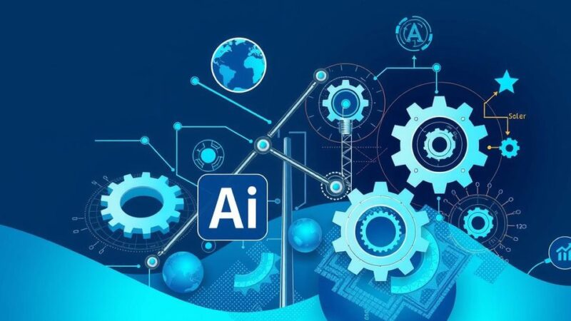 A conceptual art piece showing technology and employment changes, featuring AI elements and abstract job symbols in blue tones.