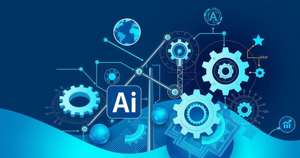 A conceptual art piece showing technology and employment changes, featuring AI elements and abstract job symbols in blue tones.