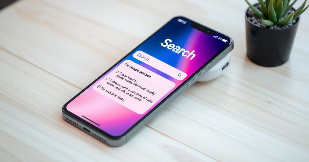 A smartphone displaying Google Search with AI Mode, featuring search bar and suggestions in soft pastels.