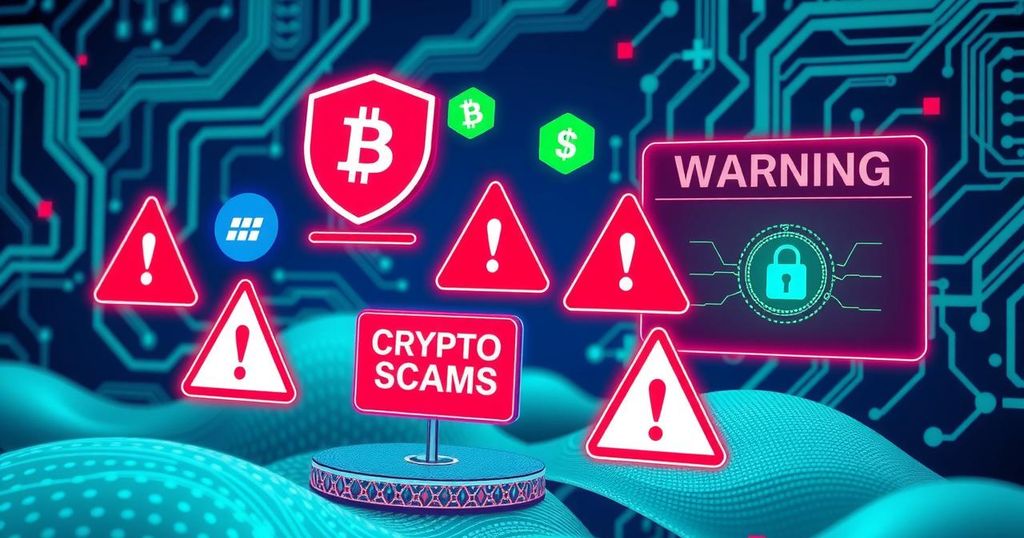 A digital landscape illustrating crypto security, featuring blockchain icons and a warning symbol against scams.