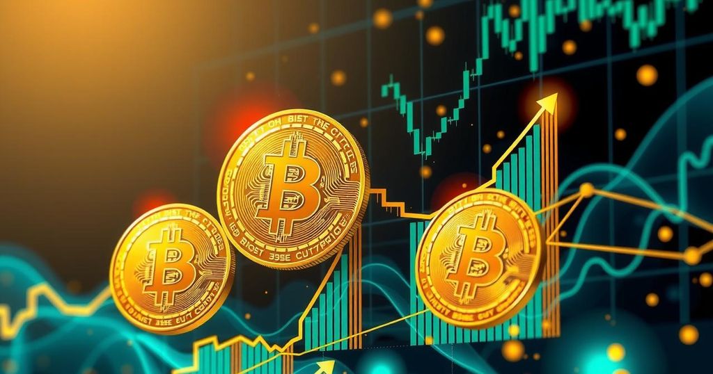 A digital representation of cryptocurrency growth with Bitcoin symbols and abstract financial elements in vibrant colors.