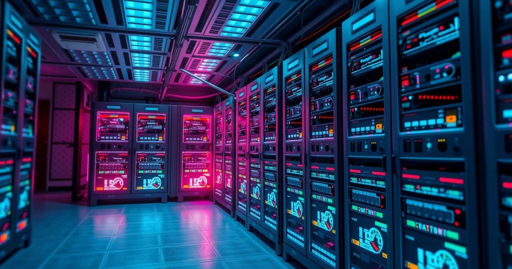 A digital illustration of a server room with flashing warning lights, symbolizing technical issues and outages.