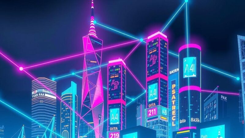 A futuristic city skyline with interconnected networks, highlighting AI technology and digital ecosystems in a vivid color palette.