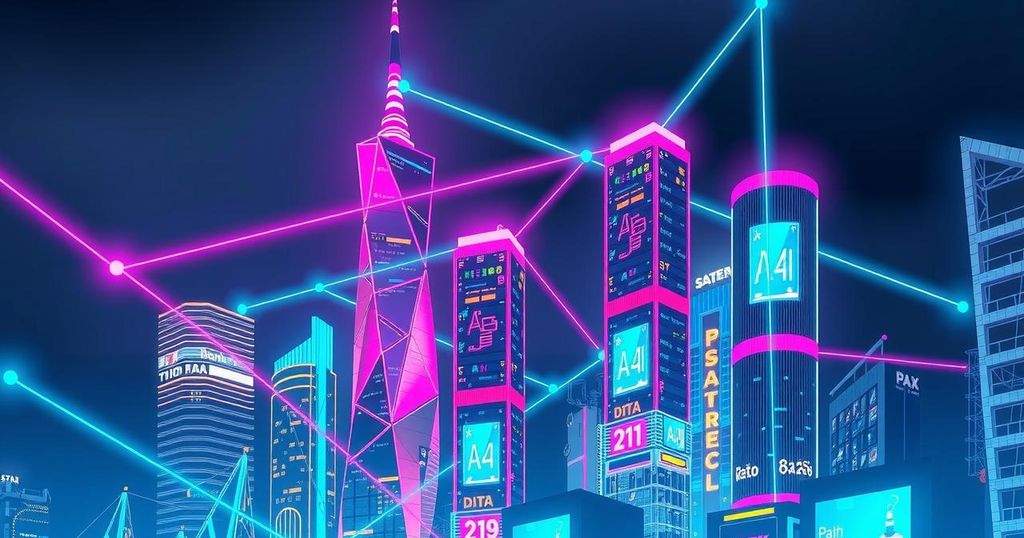 A futuristic city skyline with interconnected networks, highlighting AI technology and digital ecosystems in a vivid color palette.