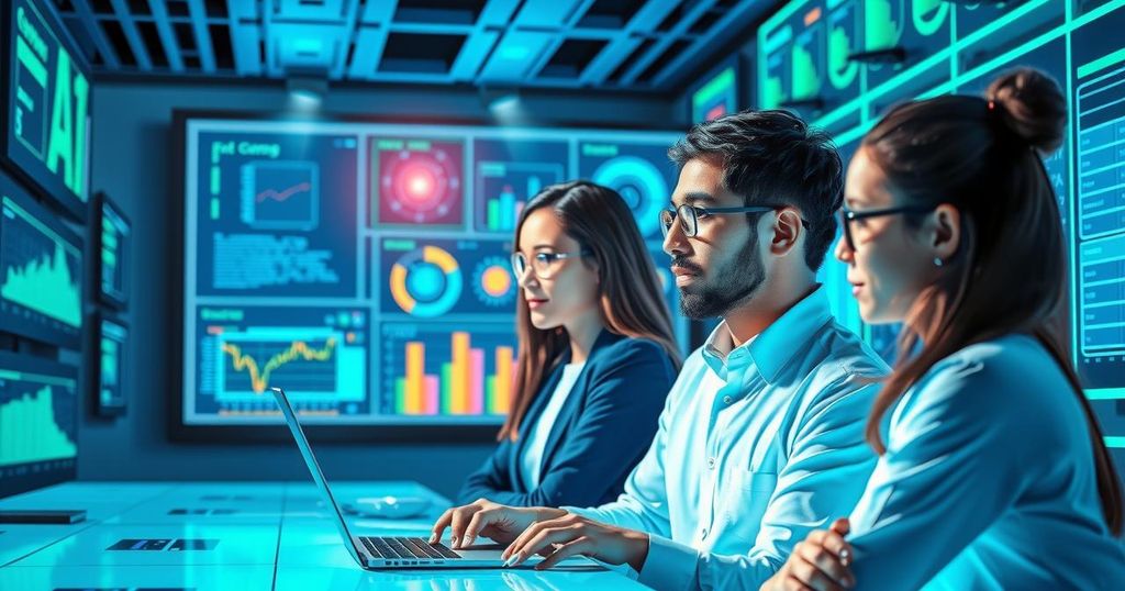 Two young professionals collaborating on artificial intelligence research with a high-tech background, focusing on innovation.
