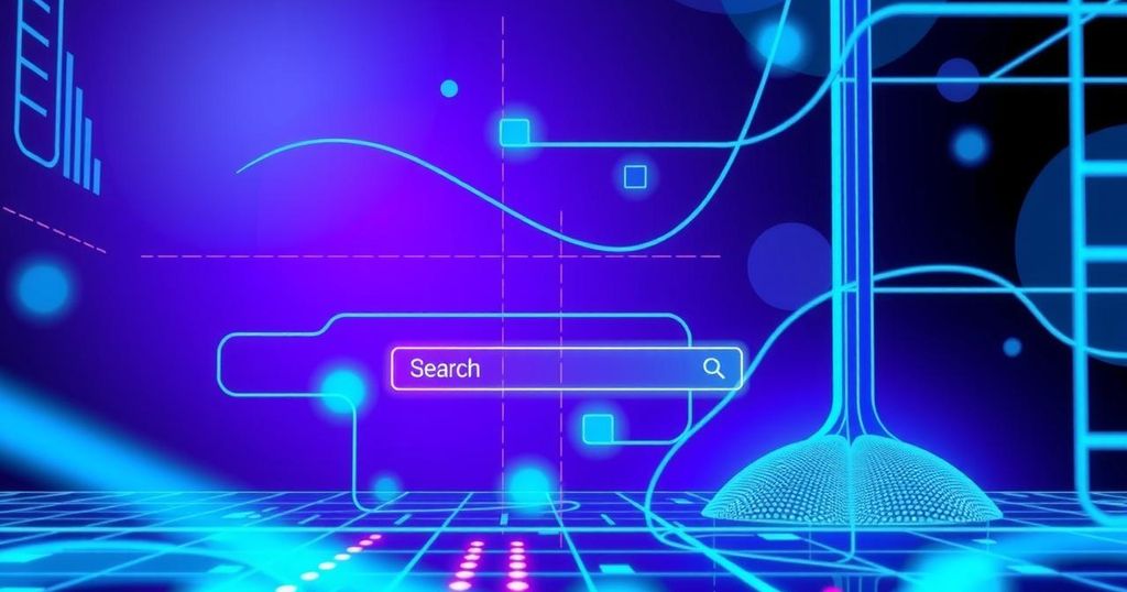 A conceptual illustration of AI technology with a futuristic search engine interface and vibrant colors in a digital art style.