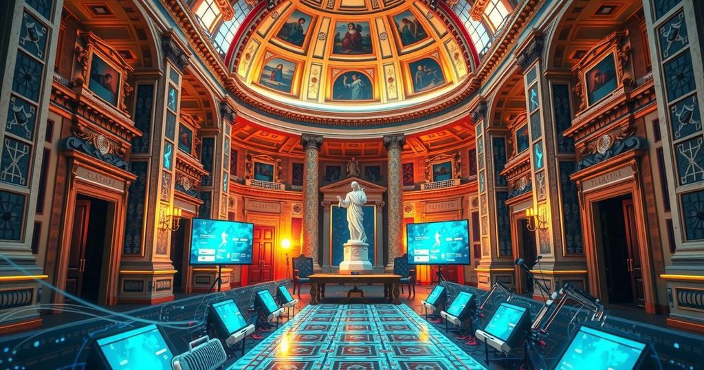 Vatican conference on ethical AI showcasing a digital era with symbols of human dignity and spirituality.