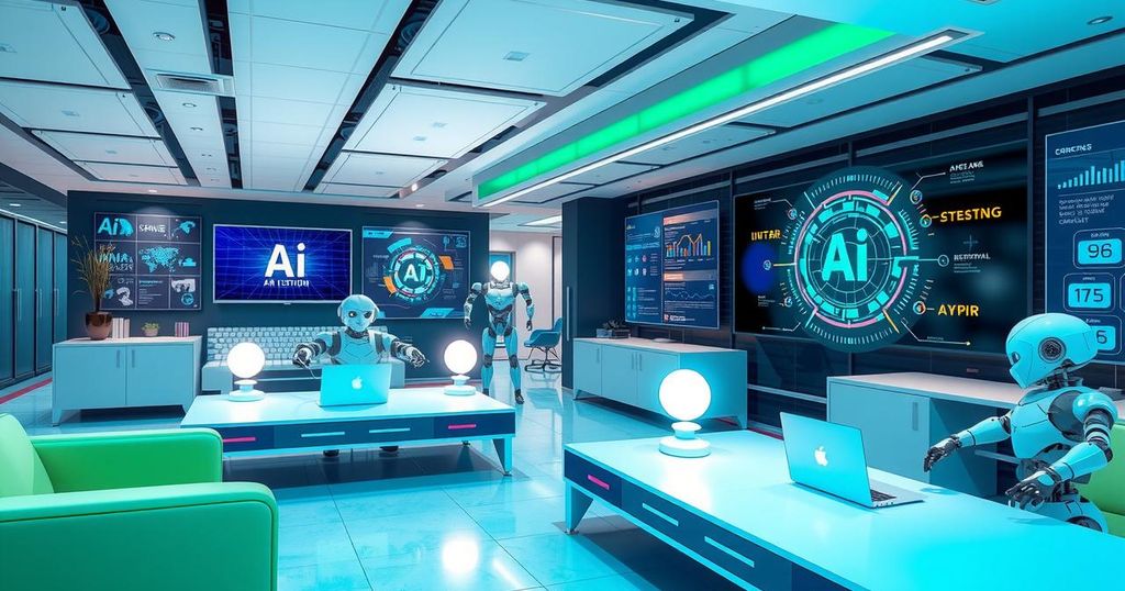 A futuristic office scene illustrating AI technology's impact on workplaces, featuring robotic elements and sleek designs.