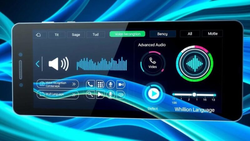 A modern tech interface showcasing advanced audio features, visual patterns of sound waves and interactive elements.