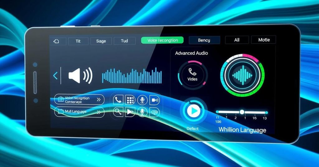 A modern tech interface showcasing advanced audio features, visual patterns of sound waves and interactive elements.