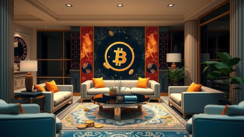 A vibrant digital art piece depicting cryptocurrencies flowing like currency in a luxurious setting, suggesting wealth.