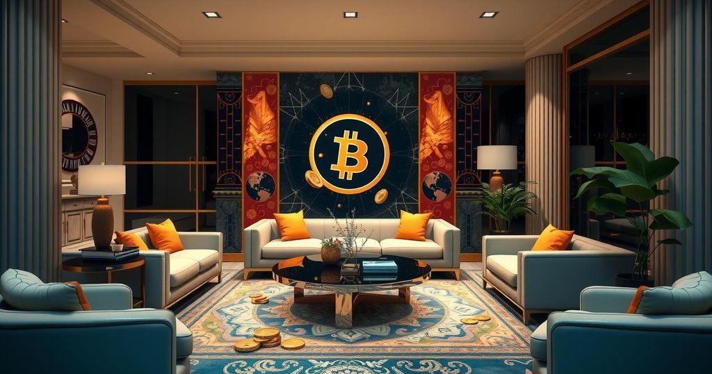 A vibrant digital art piece depicting cryptocurrencies flowing like currency in a luxurious setting, suggesting wealth.