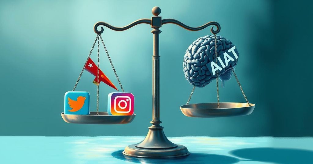A balanced scale with social media icons and a brain symbolizing AI, painted in cool blues and warm greens.