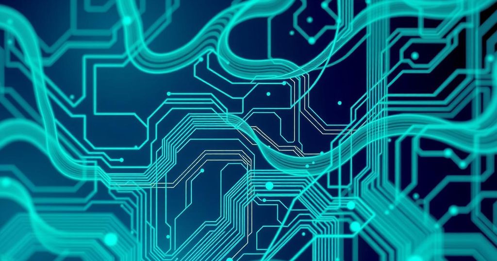 Stylized AI technologies represented by abstract circuit designs and a blend of blue and green colors.