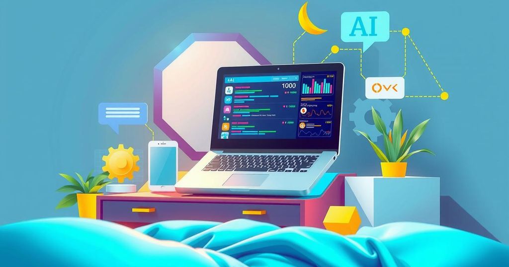 A vibrant laptop workspace with AI-themed digital elements, showcasing creativity and automation in learning.