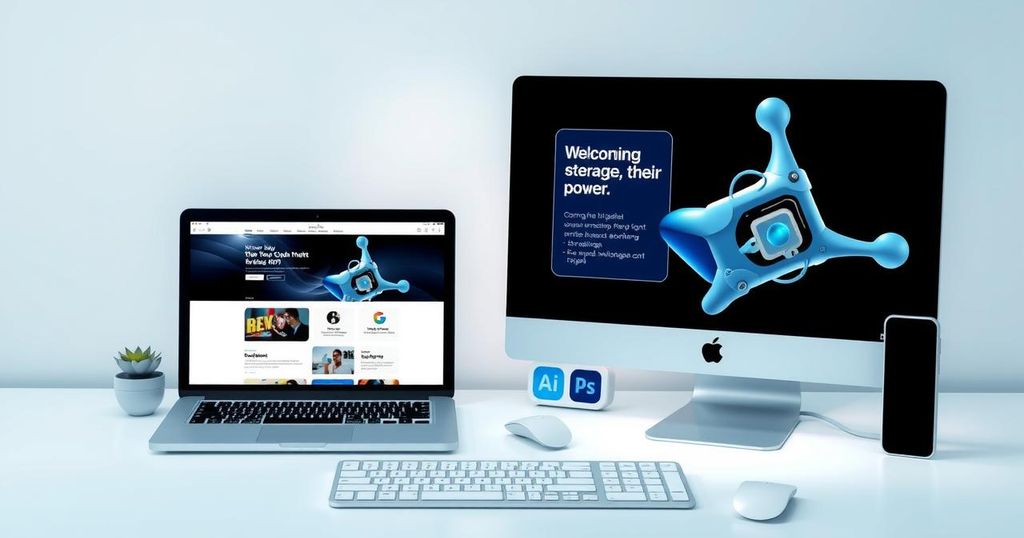Apple devices with updated AI models in a tech-themed workspace with modern design elements.